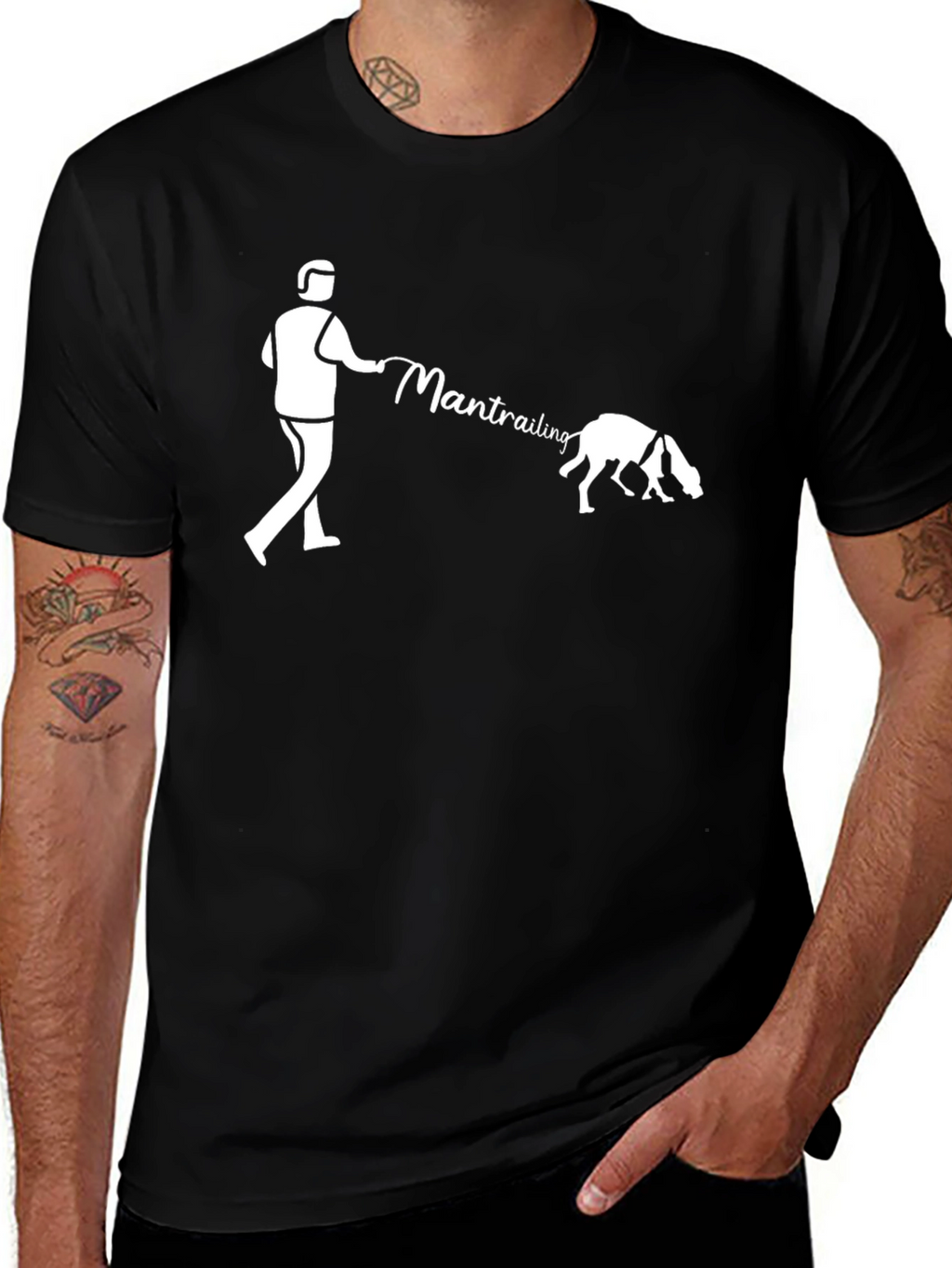 Man Trailing Dog Graphic T-Shirt - Black