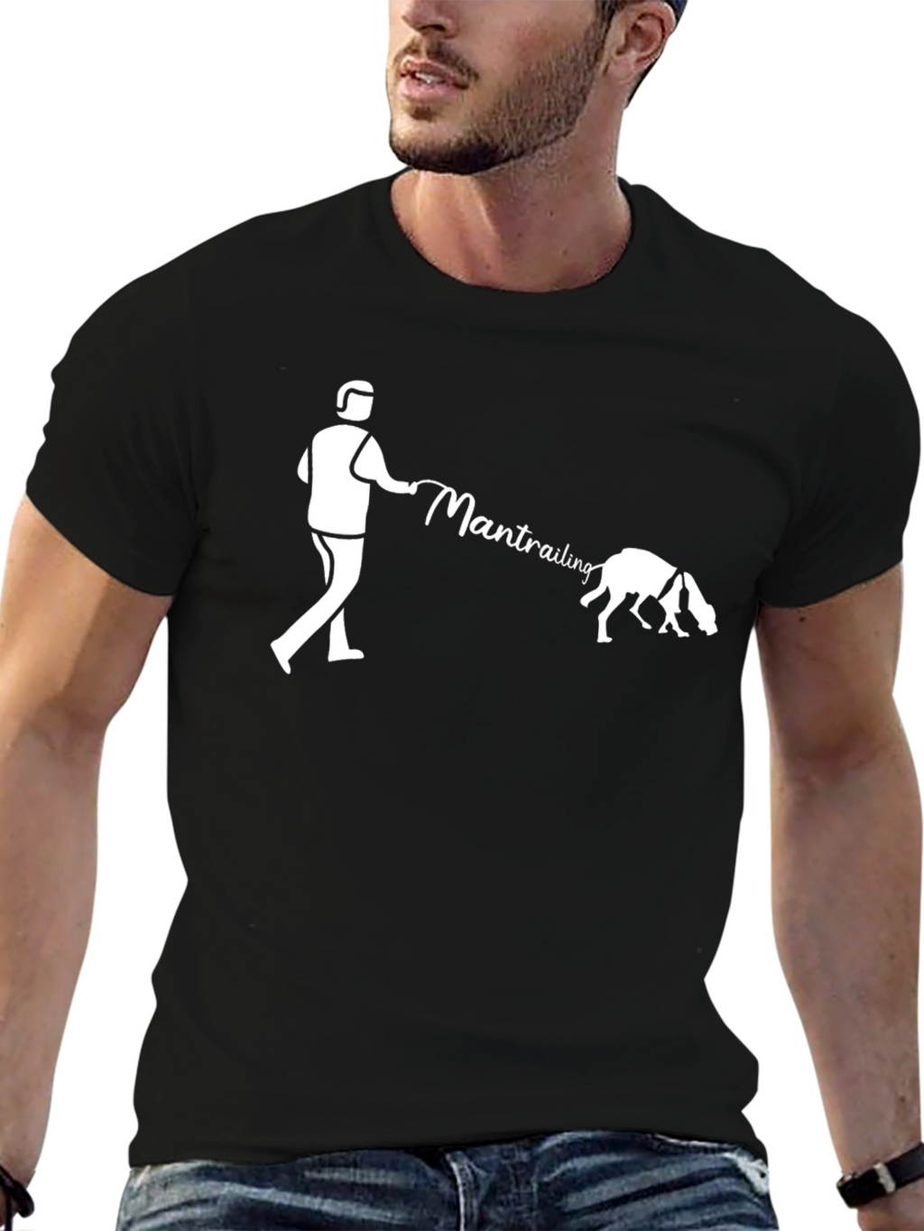 Man Trailing Dog Graphic T-Shirt - Black